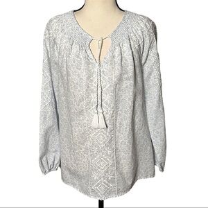 Joie Linen Blend Embroidered Peasant Top Tassels Smocked Neck Flowy Preppy Beach